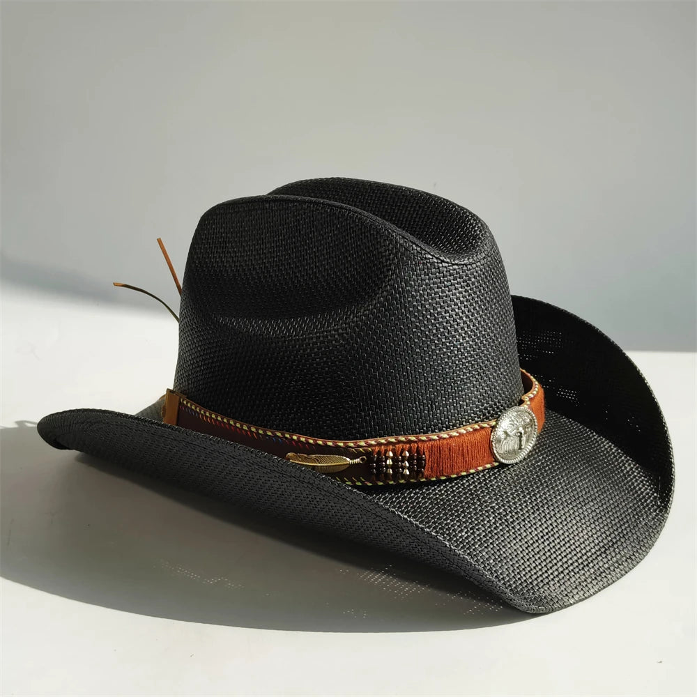 Western Straw Cowboy Hat with Turquoise Bolo Tie