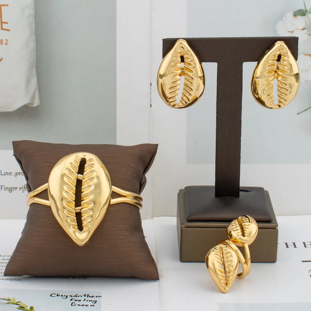 African Shell Gold Jewelry Set | 18K Gold-Plated Earrings, Pendant, Bracelet & Ring for Women