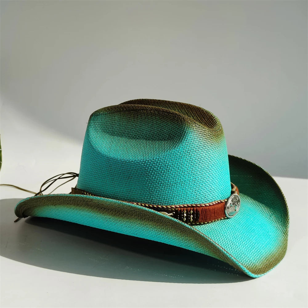 Western Straw Cowboy Hat with Turquoise Bolo Tie