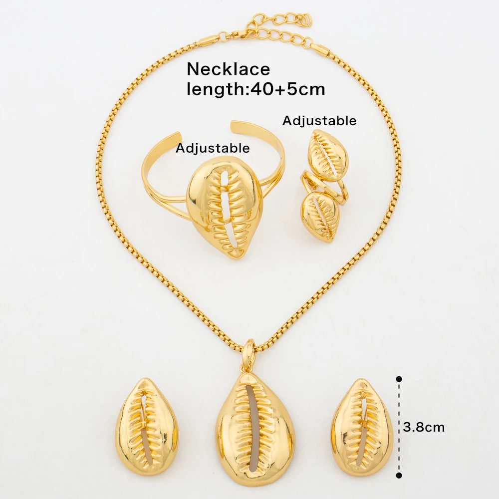 African Shell Gold Jewelry Set | 18K Gold-Plated Earrings, Pendant, Bracelet & Ring for Women
