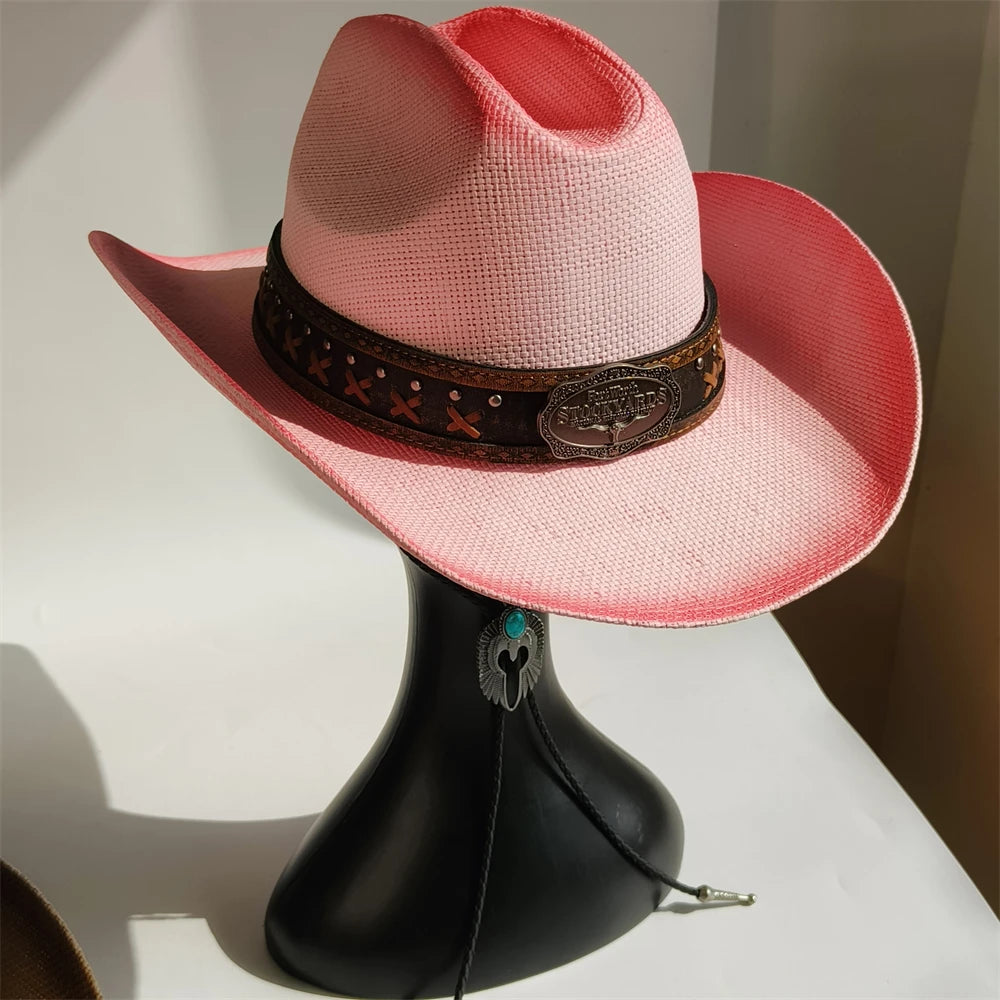 Western Straw Cowboy Hat with Turquoise Bolo Tie