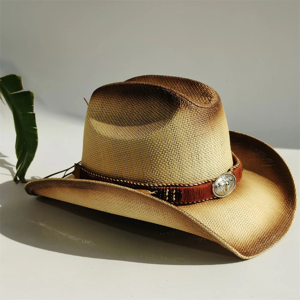 Western Straw Cowboy Hat with Turquoise Bolo Tie