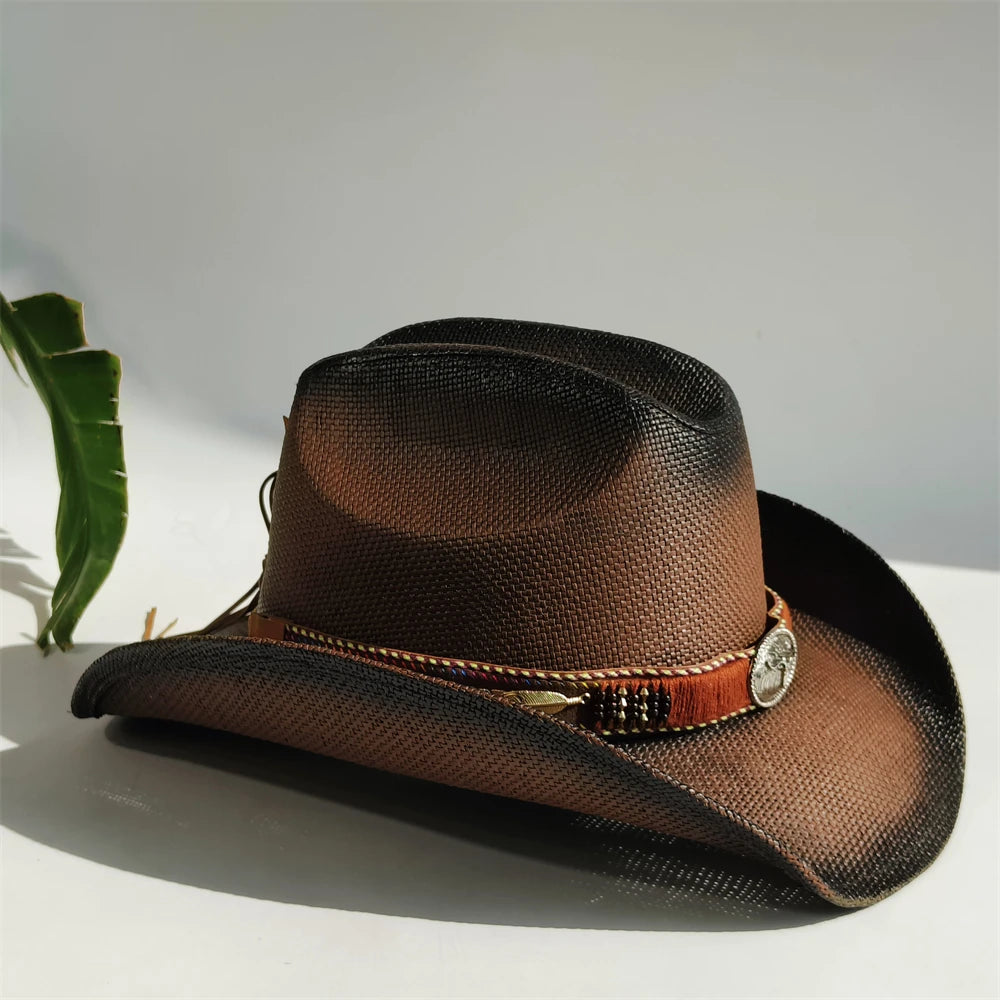 Western Straw Cowboy Hat with Turquoise Bolo Tie