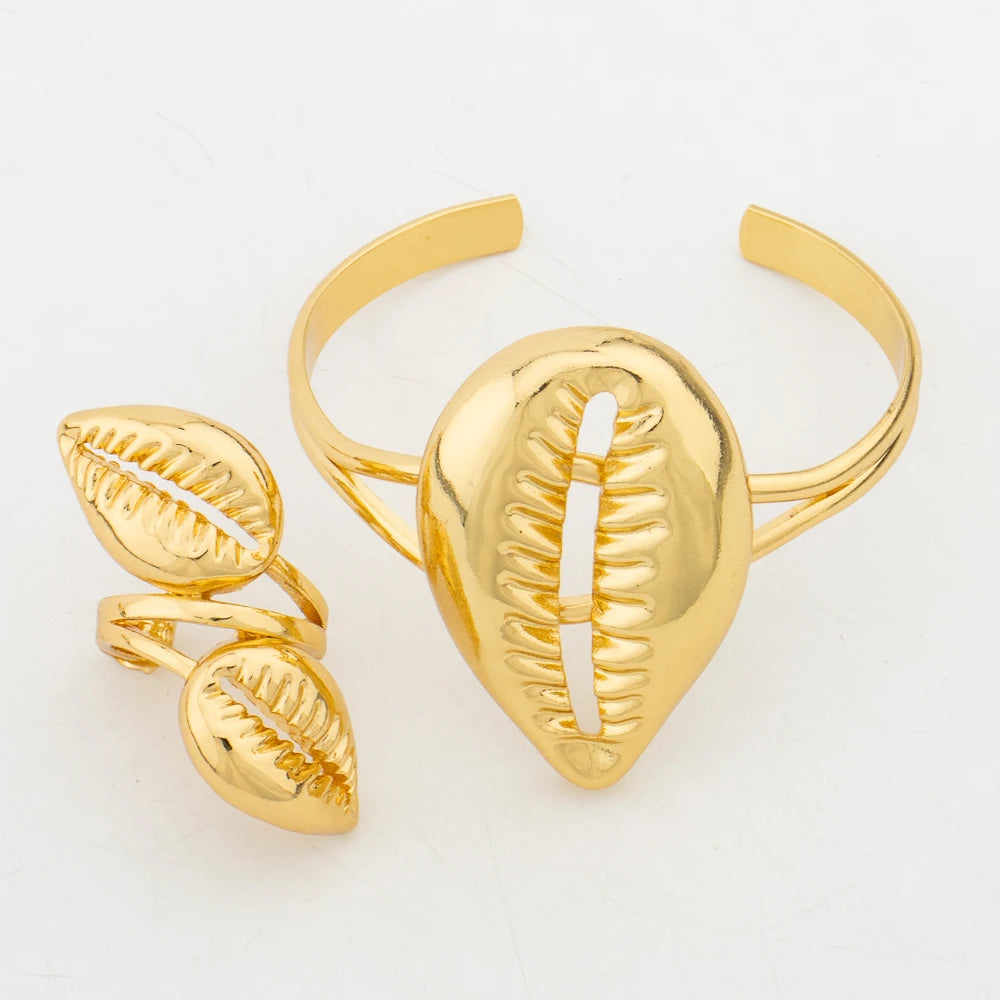 African Shell Gold Jewelry Set | 18K Gold-Plated Earrings, Pendant, Bracelet & Ring for Women