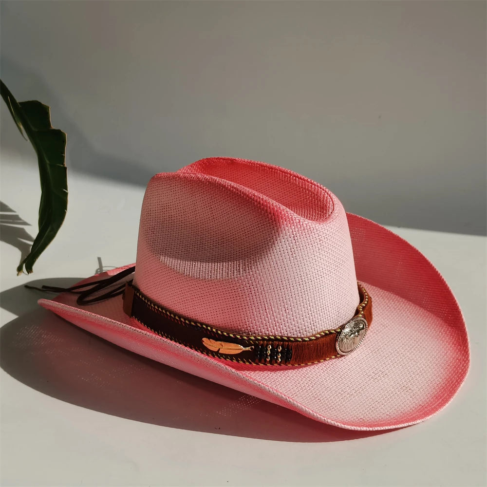 Western Straw Cowboy Hat with Turquoise Bolo Tie