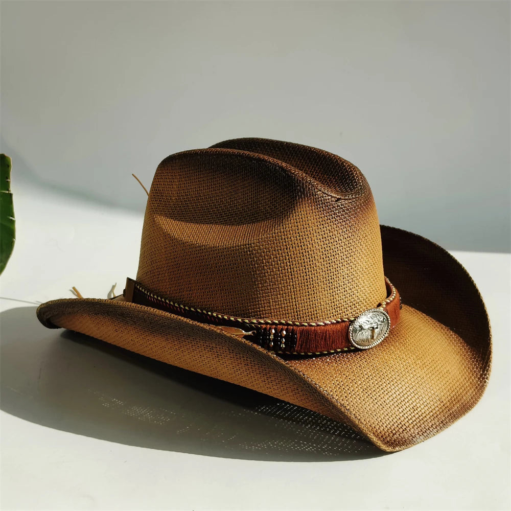 Western Straw Cowboy Hat with Turquoise Bolo Tie