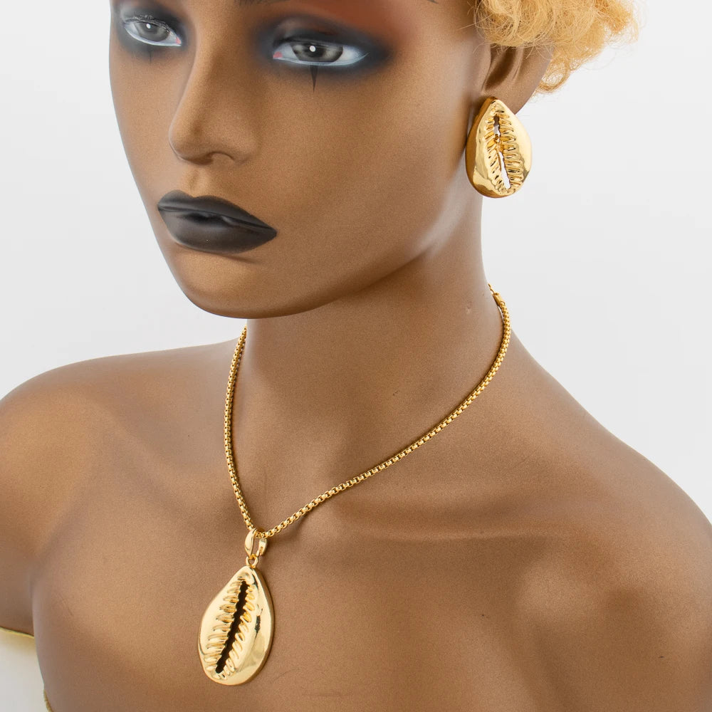 African Shell Gold Jewelry Set | 18K Gold-Plated Earrings, Pendant, Bracelet & Ring for Women