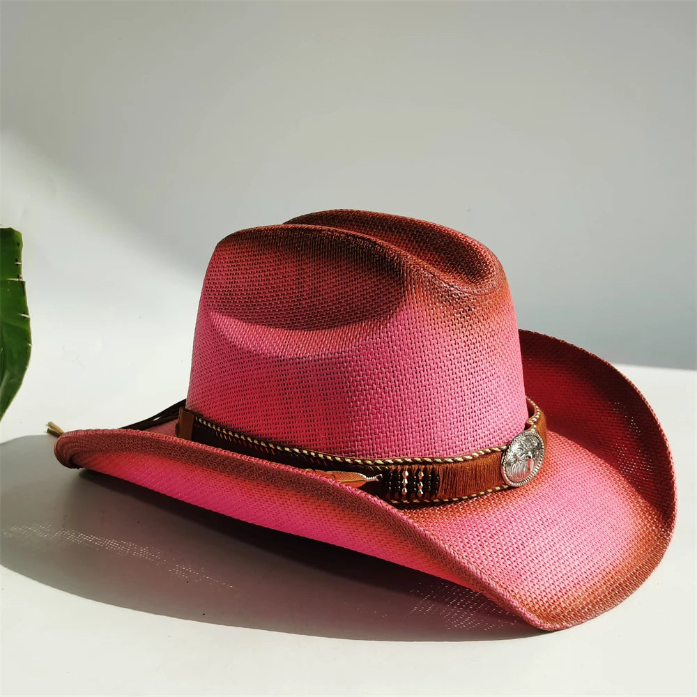 Western Straw Cowboy Hat with Turquoise Bolo Tie