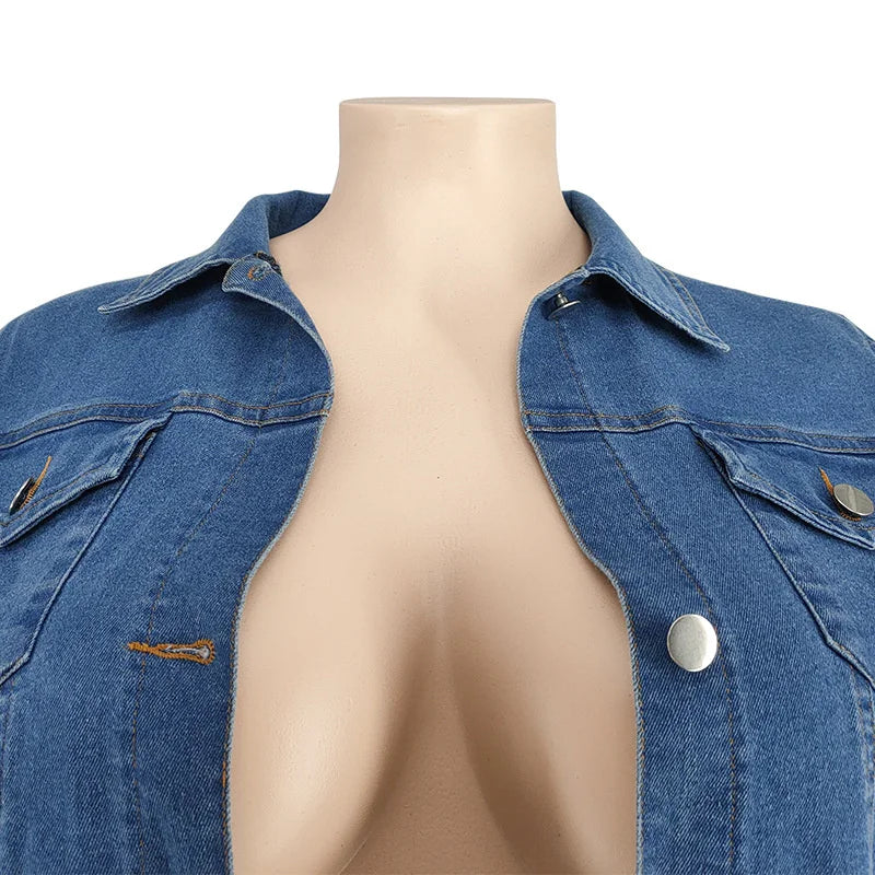 Blue denim coat neckline with two-snap front and flap chest pockets