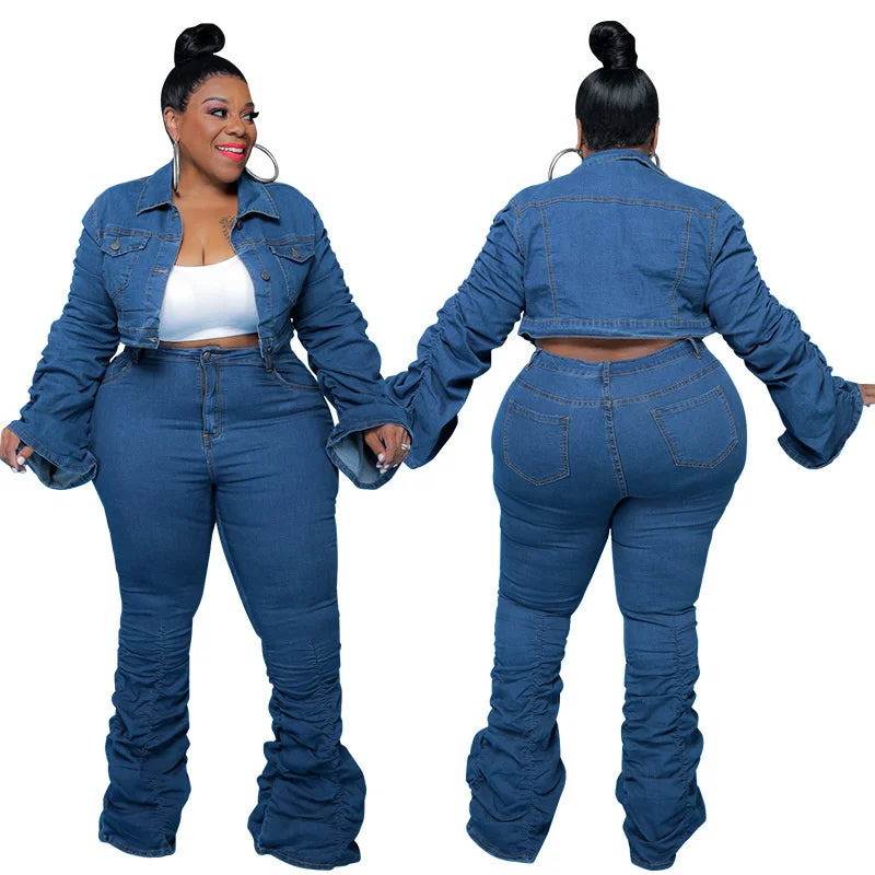 Plus size denim coat and stacked jeans set in blue, long sleeves, ruched pant cuffs