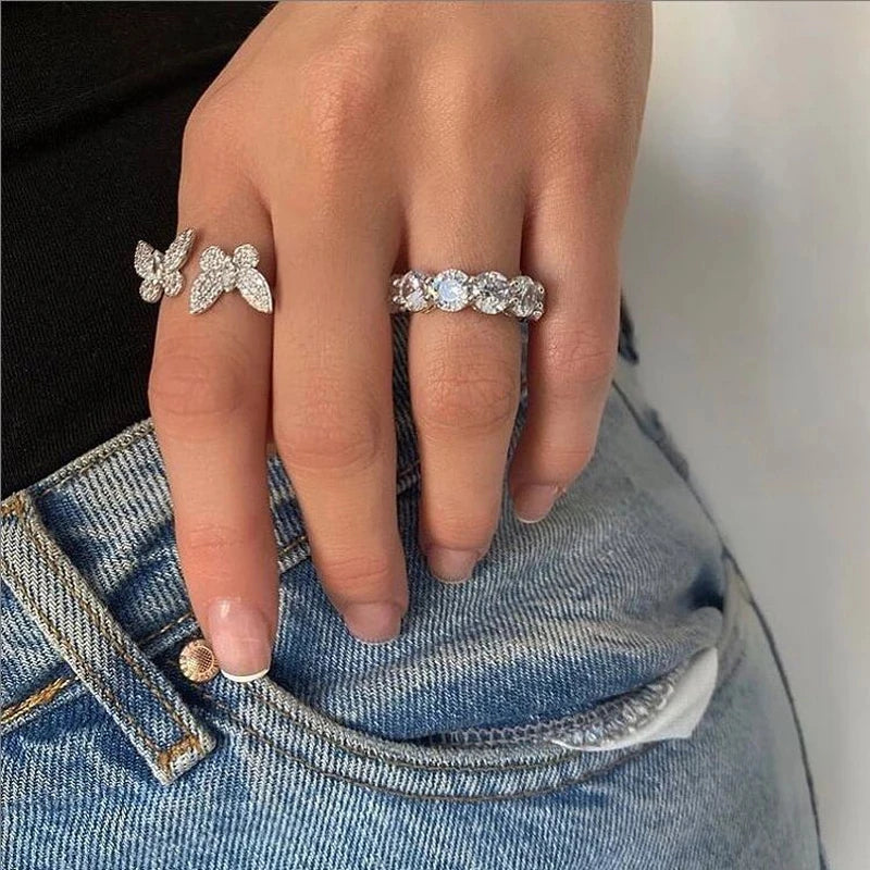 Double Butterfly Zircon Ring | 18K Gold-Plated Open Adjustable Ring for Women