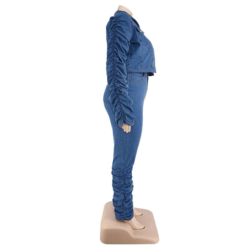 Plus size denim coat and stacked jeans set in blue, side view, long sleeves