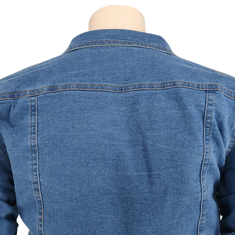 Blue denim coat back yoke with contrast seam stitching, close-up