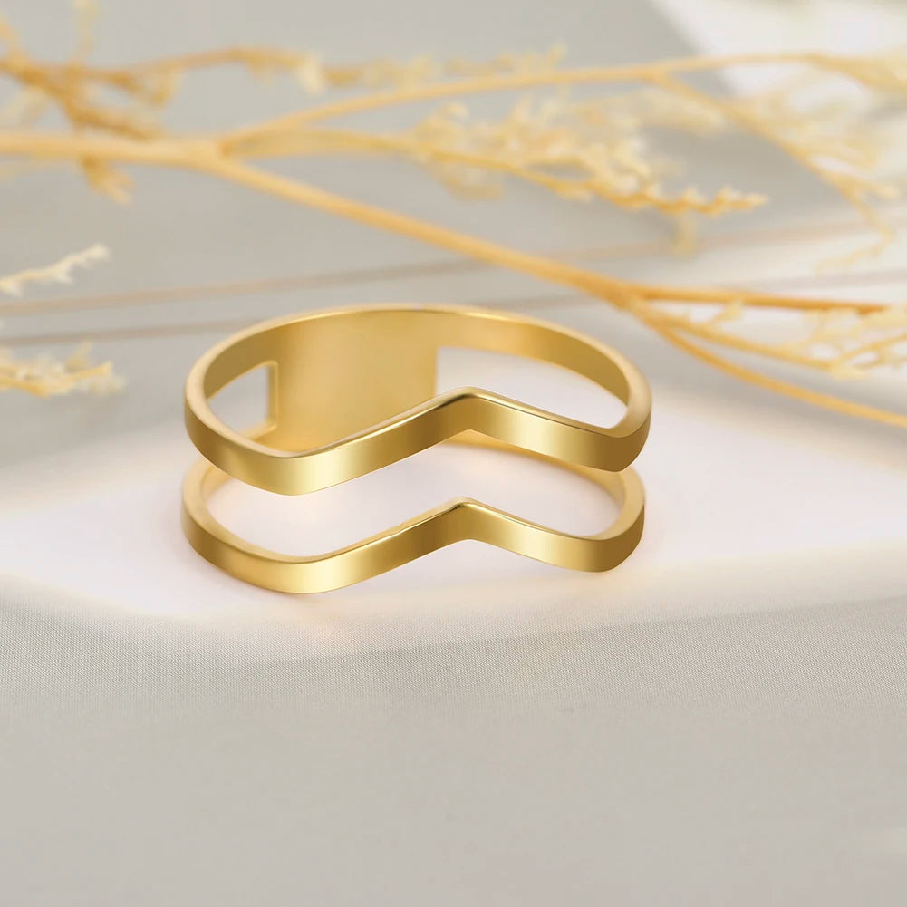 Geometric Wave Stainless Steel Ring | 18K Gold-Plated Party Ring for Women