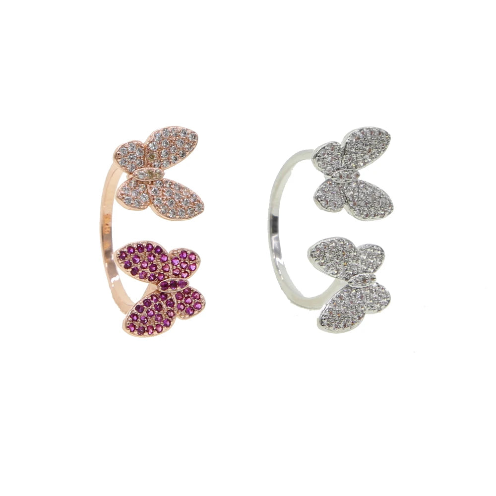 Double Butterfly Zircon Ring | 18K Gold-Plated Open Adjustable Ring for Women