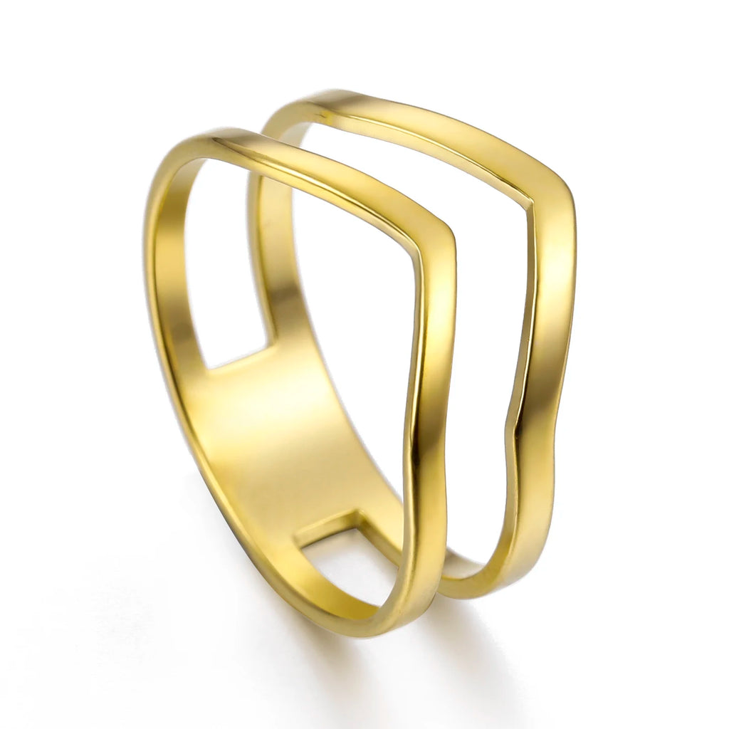 Geometric Wave Stainless Steel Ring | 18K Gold-Plated Party Ring for Women