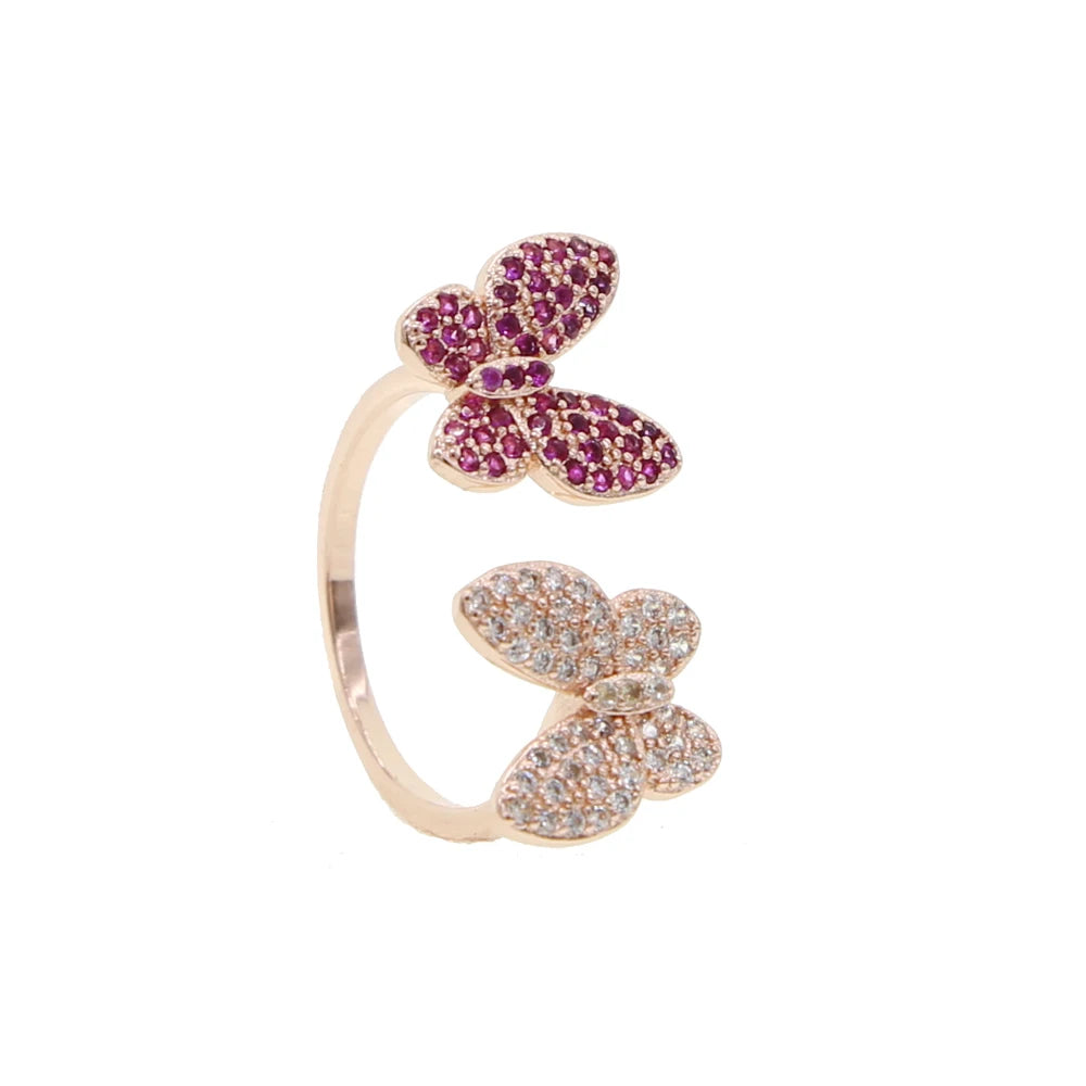 Double Butterfly Zircon Ring | 18K Gold-Plated Open Adjustable Ring for Women