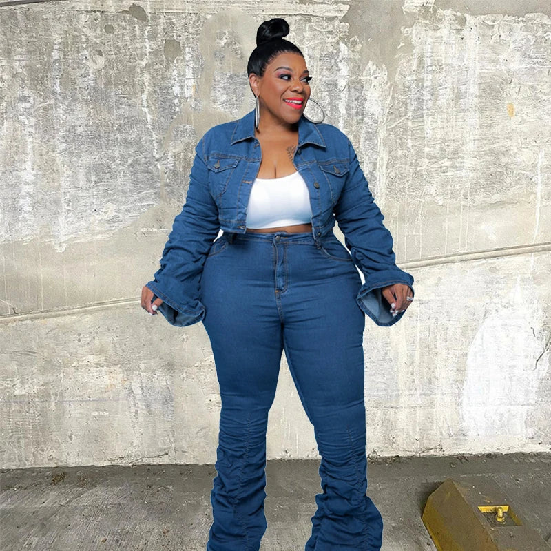 Blue denim coat and stacked jeans set, long sleeves, front view on plus-size figure.