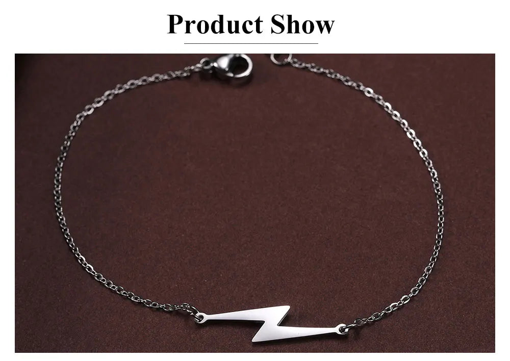 Lightning charm bracelet product show view with silver-tone chain and bolt charm