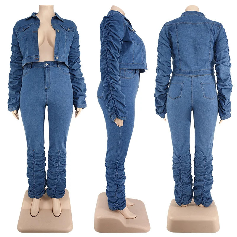 Blue denim crop jacket and stacked jeans set on mannequin: front, side, and back views.