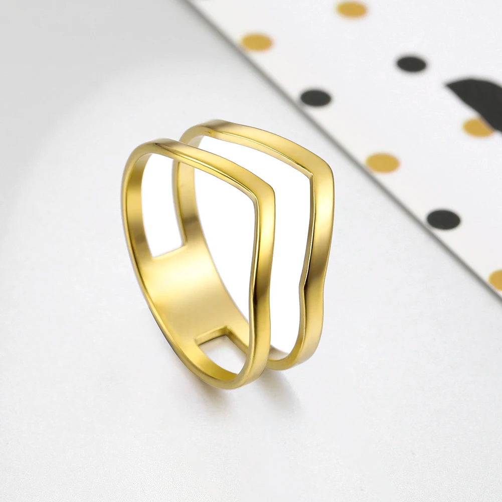 Geometric Wave Stainless Steel Ring | 18K Gold-Plated Party Ring for Women