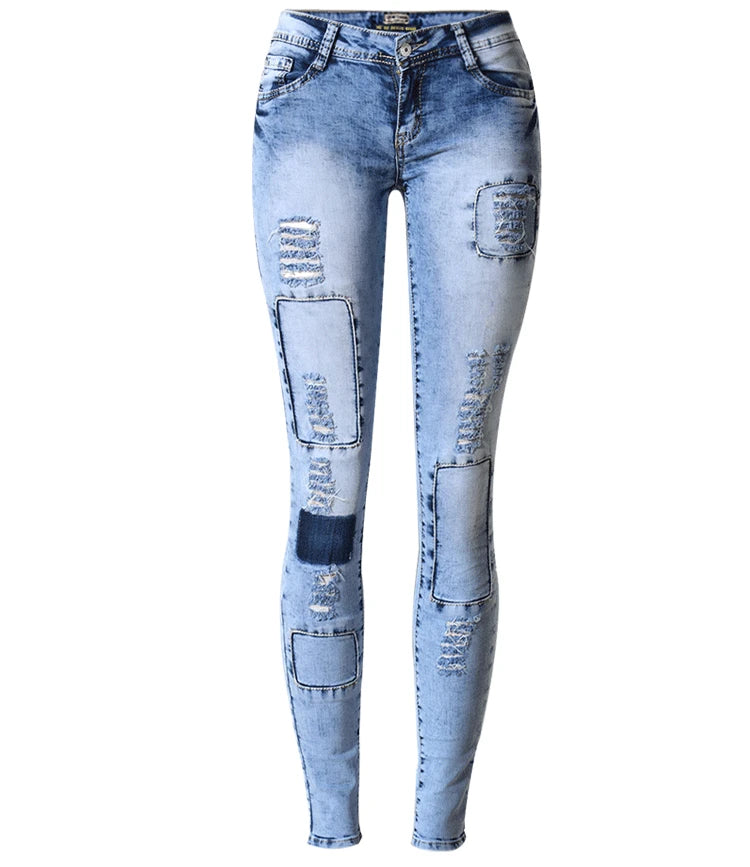 Sky Blue Patchwork Skinny Jeans | Low Waist Stretch Pencil Denim for Women