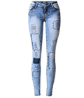 Sky Blue Patchwork Skinny Jeans | Low Waist Stretch Pencil Denim for Women