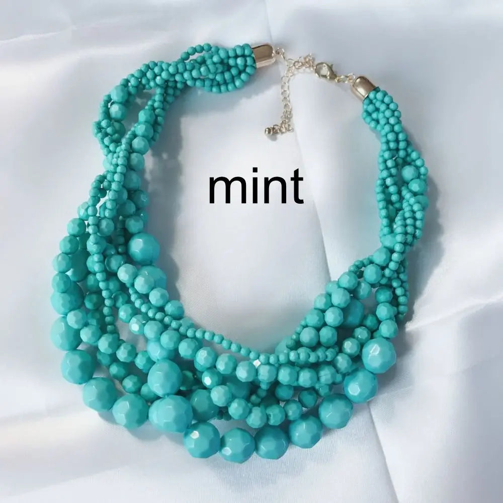 Teal beaded choker necklace with braided bead layers and gold-tone clasp.