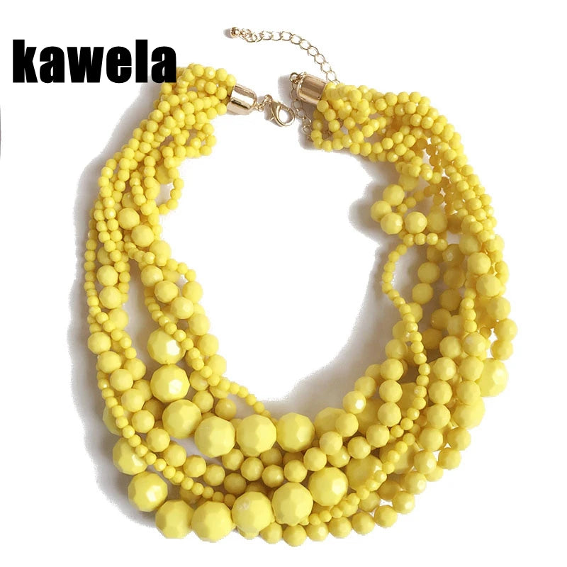 Yellow beaded choker necklace with braided layers and gold-tone clasp.