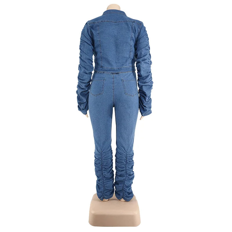 Plus size denim coat and stacked jeans set in blue, back view on mannequin