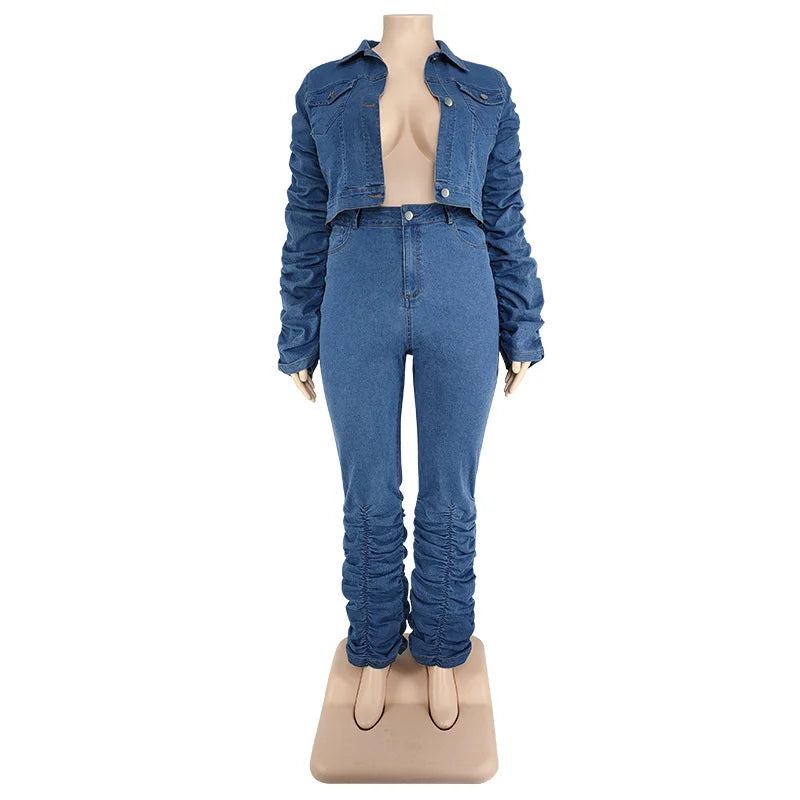 Plus size denim coat and stacked jeans set in blue, front view on mannequin