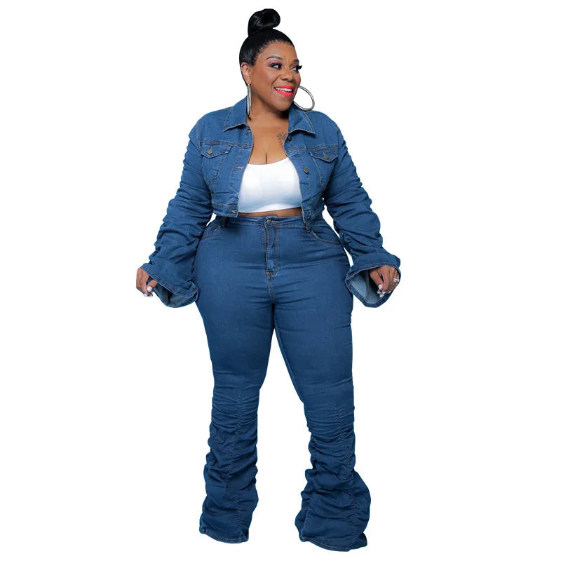 Blue denim jacket and stacked jeans set, full-length ruched legs, button front