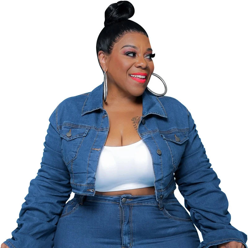 Blue denim jacket and stacked jeans set, long sleeves, button front, chest pockets