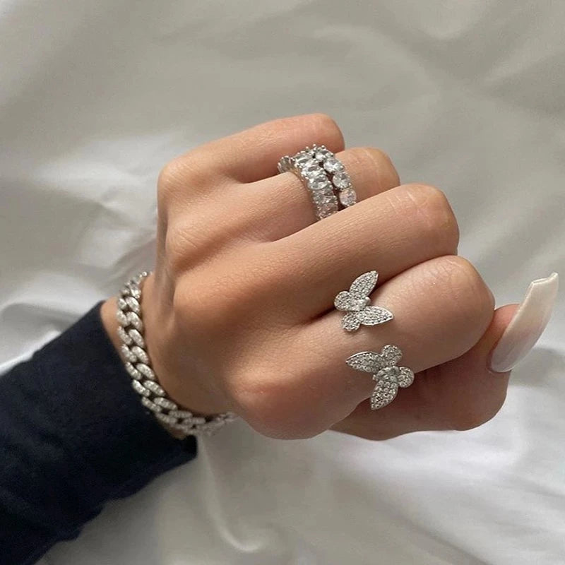 Double Butterfly Zircon Ring | 18K Gold-Plated Open Adjustable Ring for Women