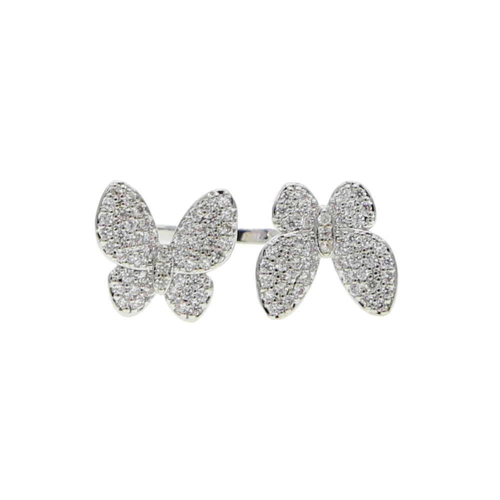Double Butterfly Zircon Ring | 18K Gold-Plated Open Adjustable Ring for Women