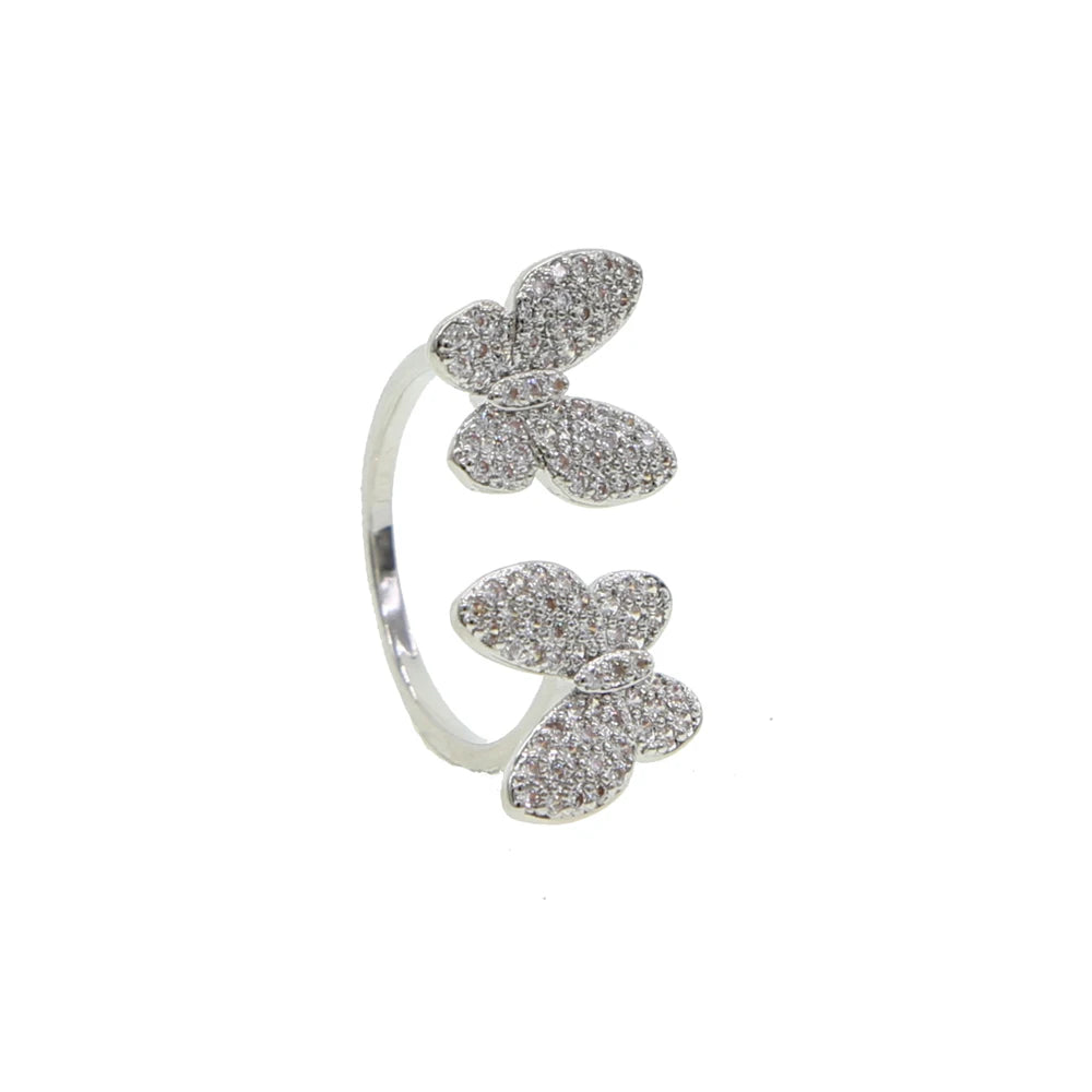 Double Butterfly Zircon Ring | 18K Gold-Plated Open Adjustable Ring for Women