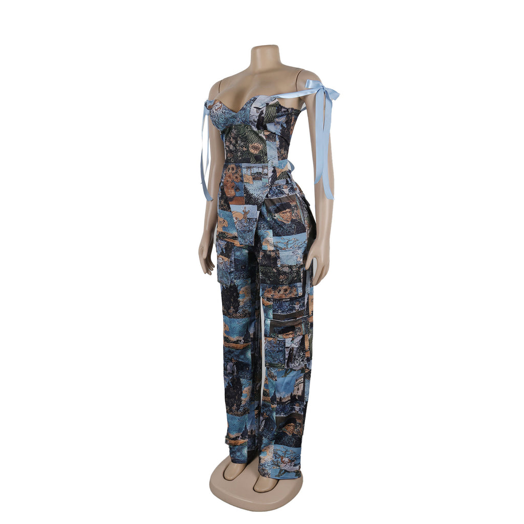 Oil Painting Print Lace-Up Crop Top & Wide-Leg Pants Set