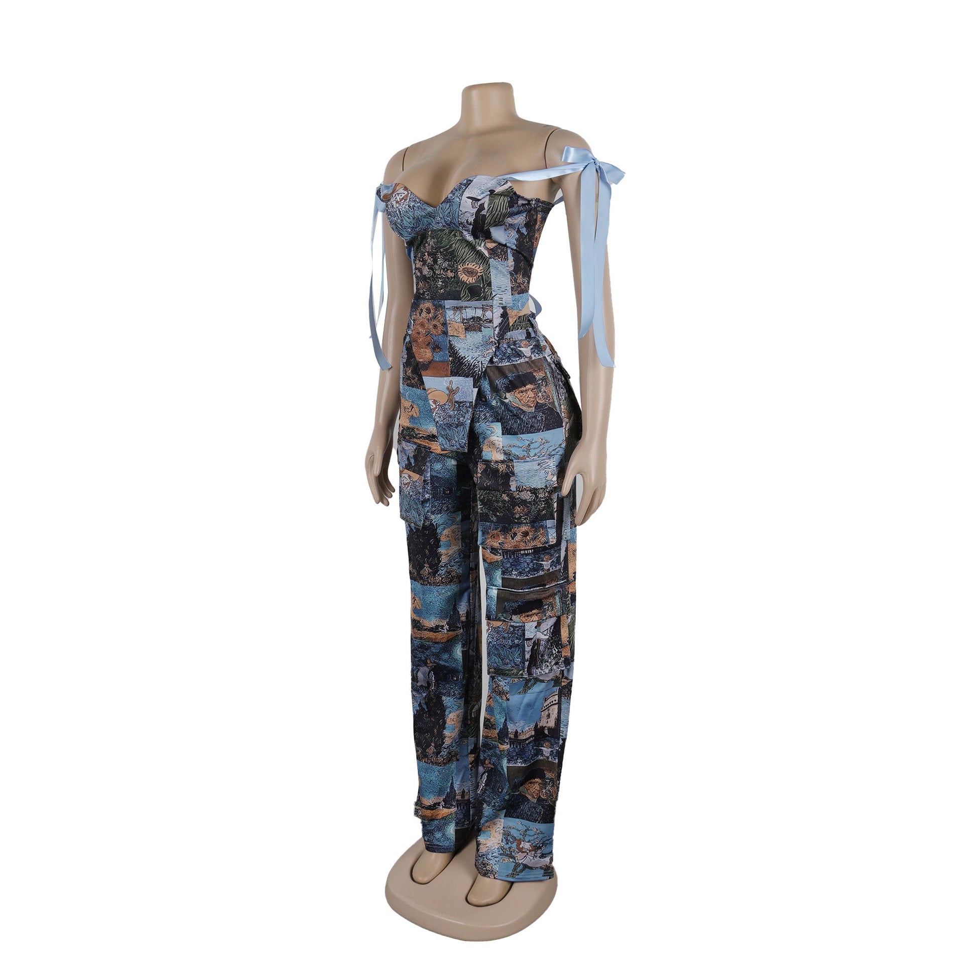 Oil Painting Print Lace-Up Crop Top & Wide-Leg Pants Set