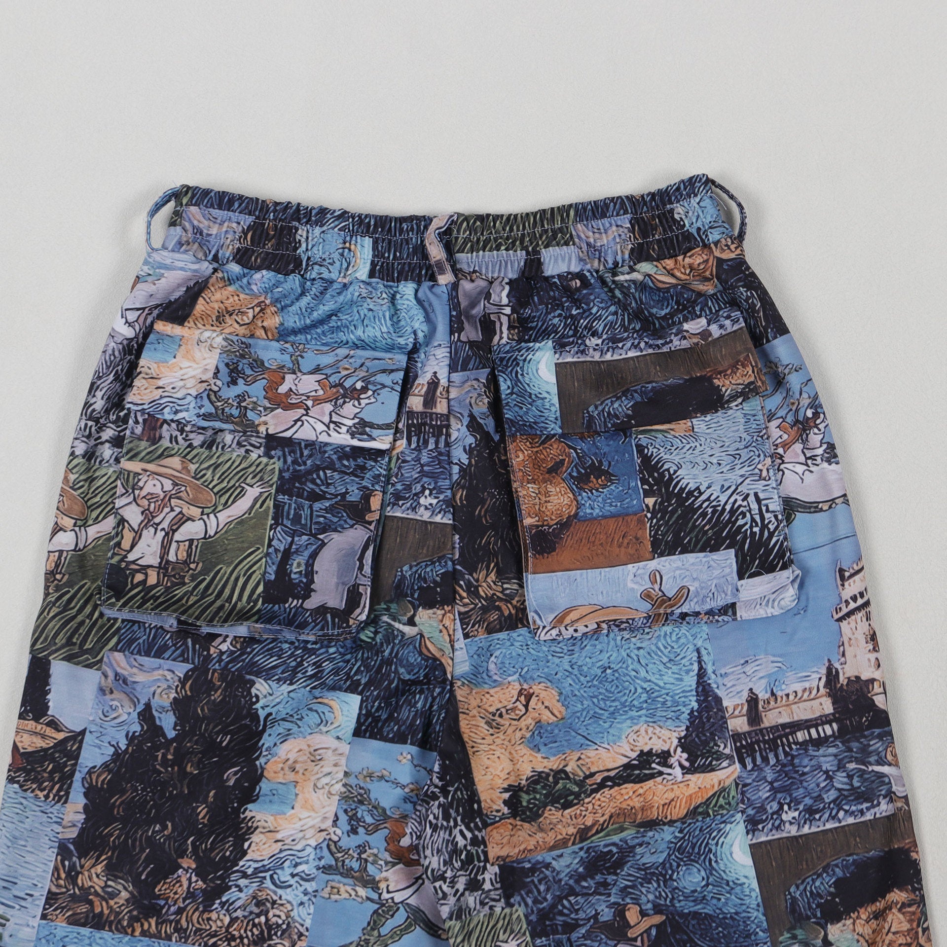 Oil Painting Print Lace-Up Crop Top & Wide-Leg Pants Set