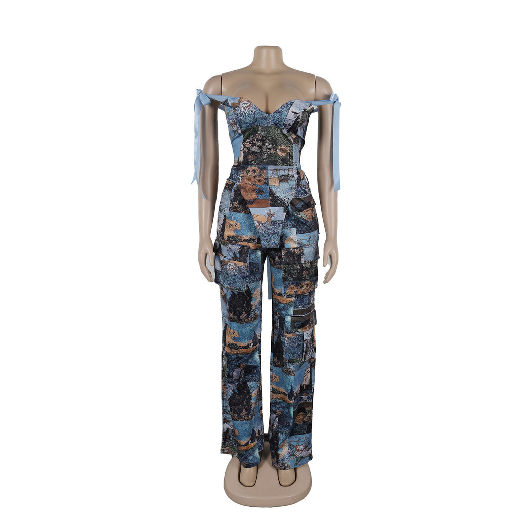 Oil Painting Print Lace-Up Crop Top & Wide-Leg Pants Set