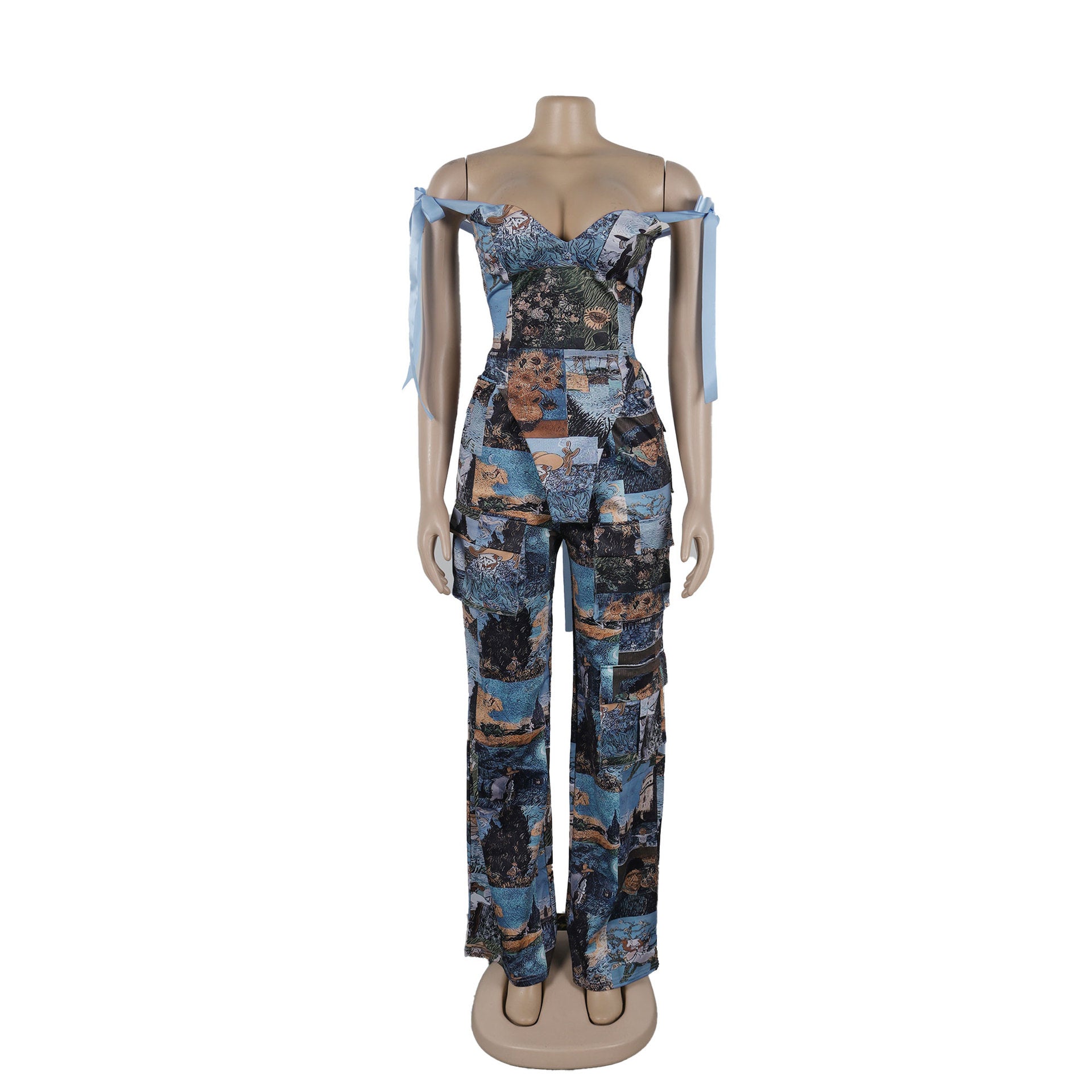 Oil Painting Print Lace-Up Crop Top & Wide-Leg Pants Set