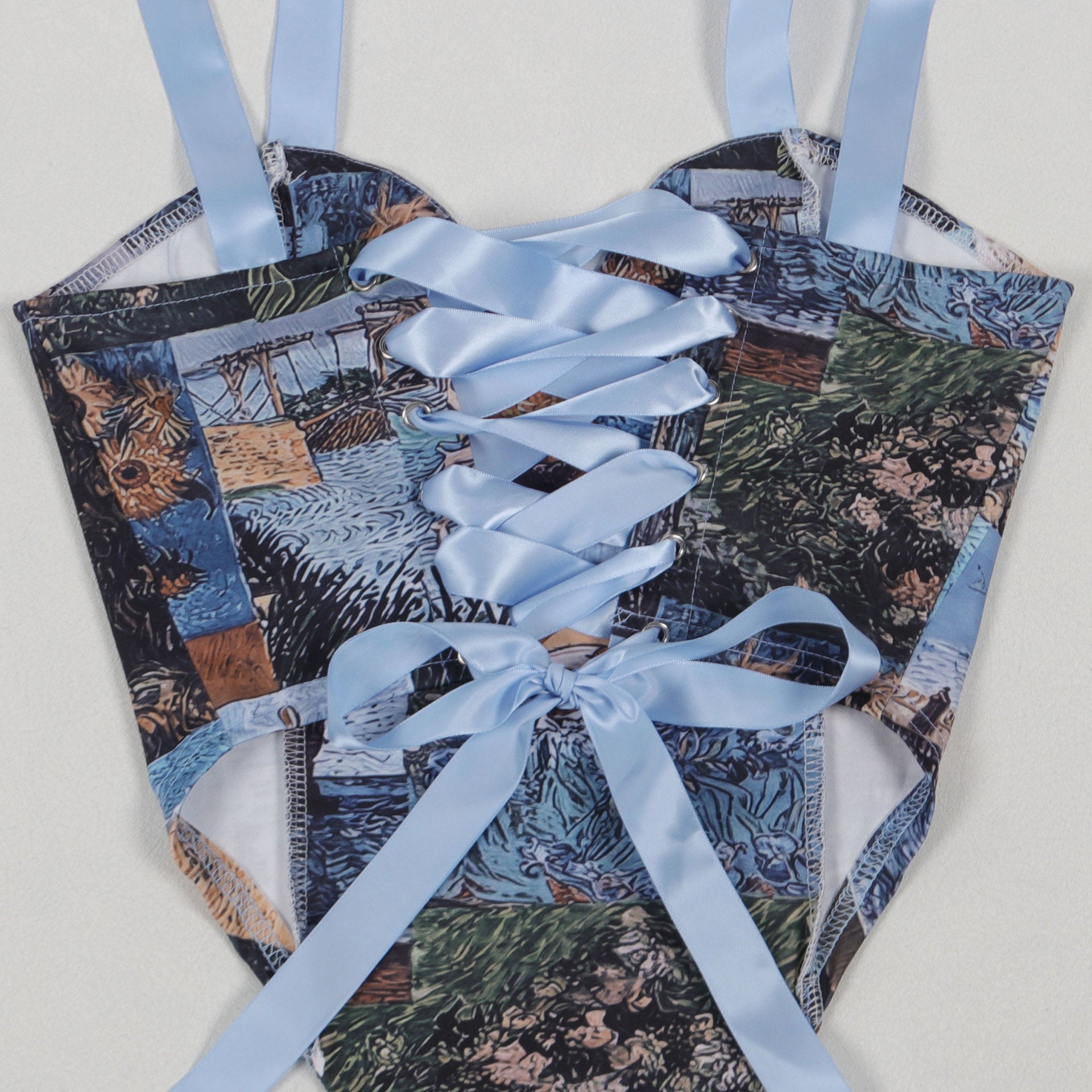 Oil Painting Print Lace-Up Crop Top & Wide-Leg Pants Set