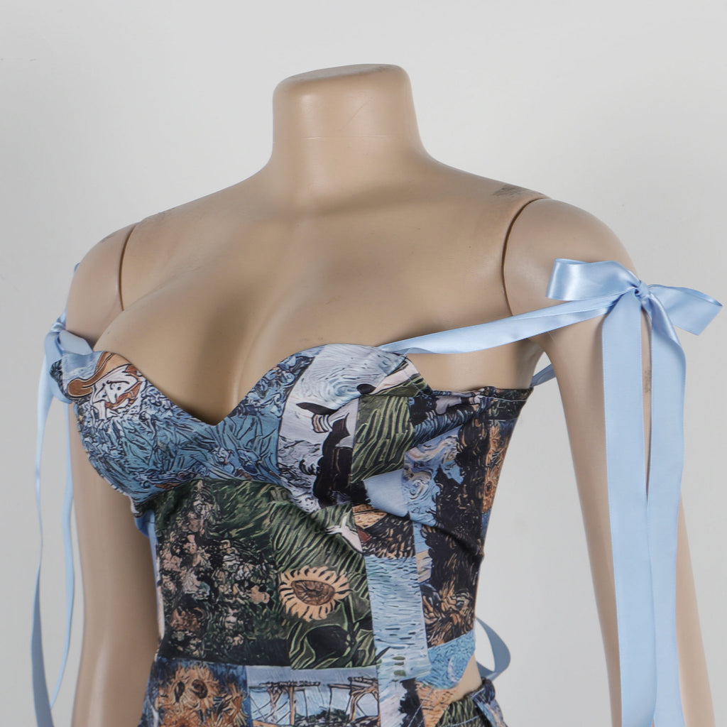 Oil Painting Print Lace-Up Crop Top & Wide-Leg Pants Set