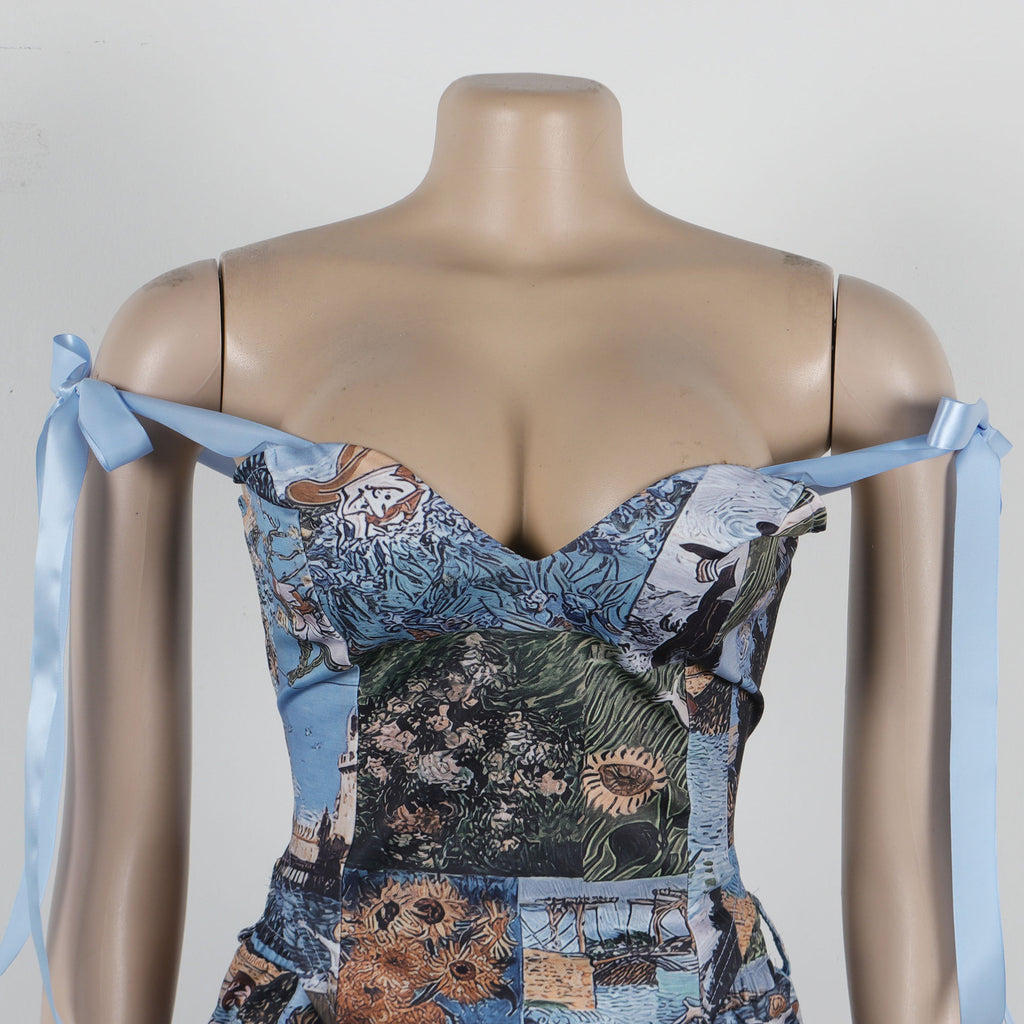 Oil Painting Print Lace-Up Crop Top & Wide-Leg Pants Set