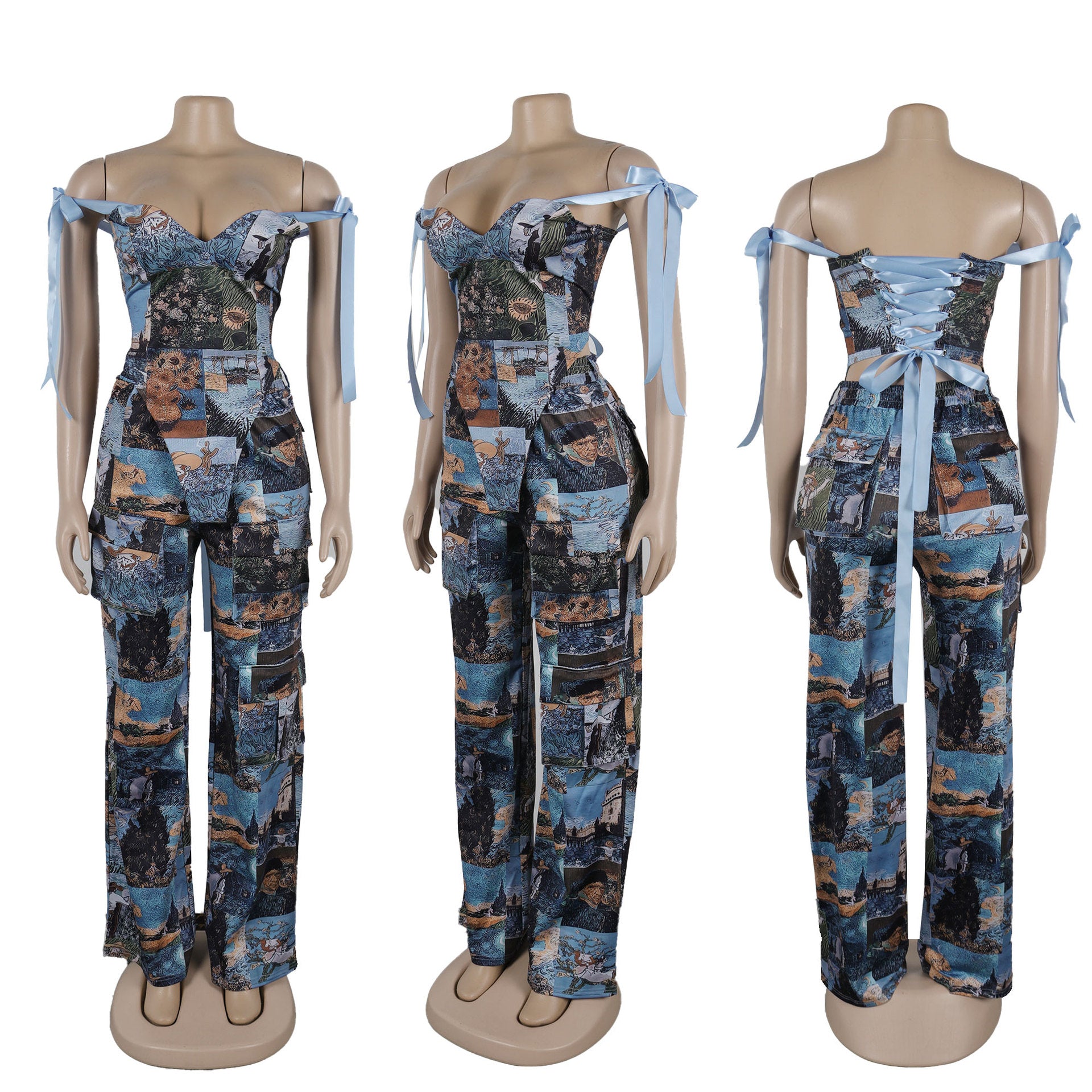 Oil Painting Print Lace-Up Crop Top & Wide-Leg Pants Set