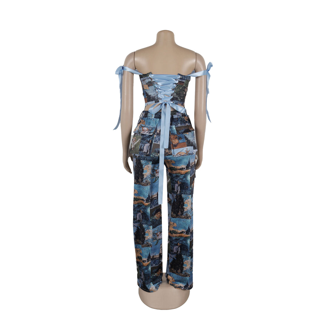 Oil Painting Print Lace-Up Crop Top & Wide-Leg Pants Set