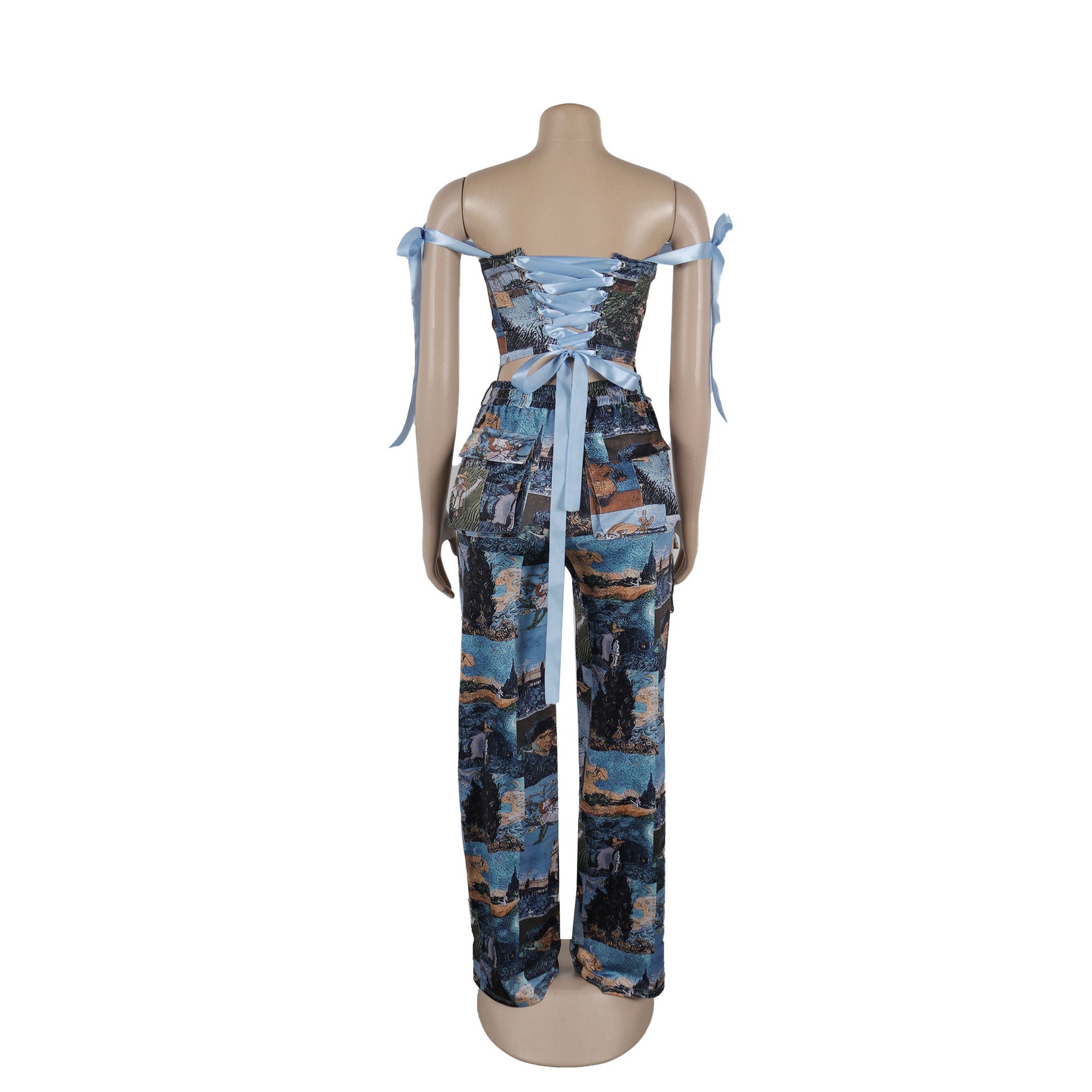 Oil Painting Print Lace-Up Crop Top & Wide-Leg Pants Set