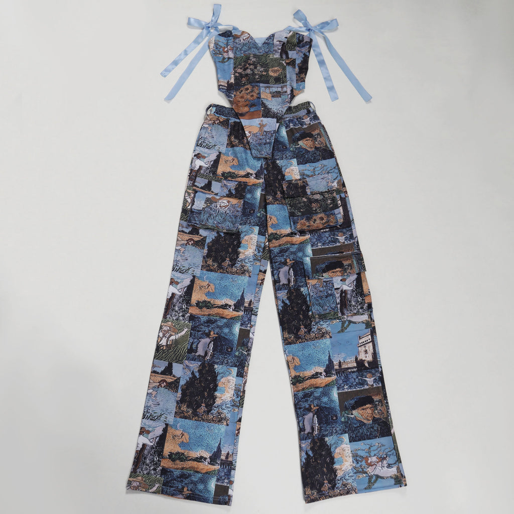 Oil Painting Print Lace-Up Crop Top & Wide-Leg Pants Set