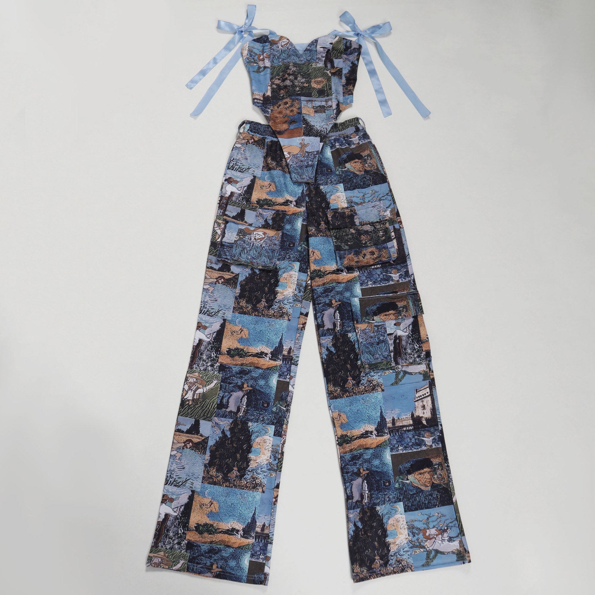 Oil Painting Print Lace-Up Crop Top & Wide-Leg Pants Set