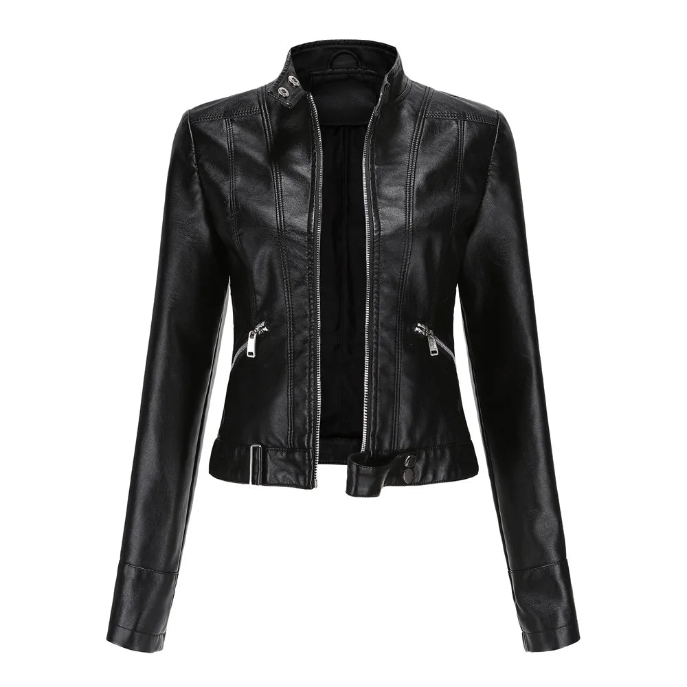 Black faux leather zip-up moto jacket with mandarin collar and front zipper